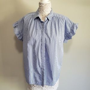 Blue and White Striped Ruffle Sleeve Button Down